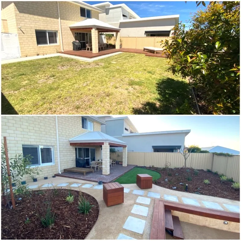 Before-and-after comparison of the Beeliar Perth backyard landscape design transformation.