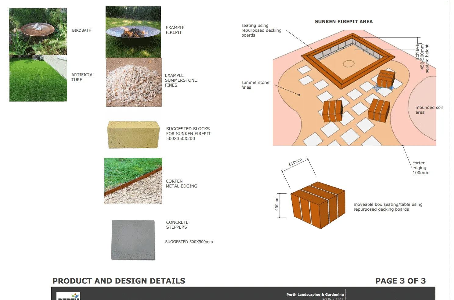 Firepit construction plan drawing for the Beeliar Perth landscape design with seating layout.