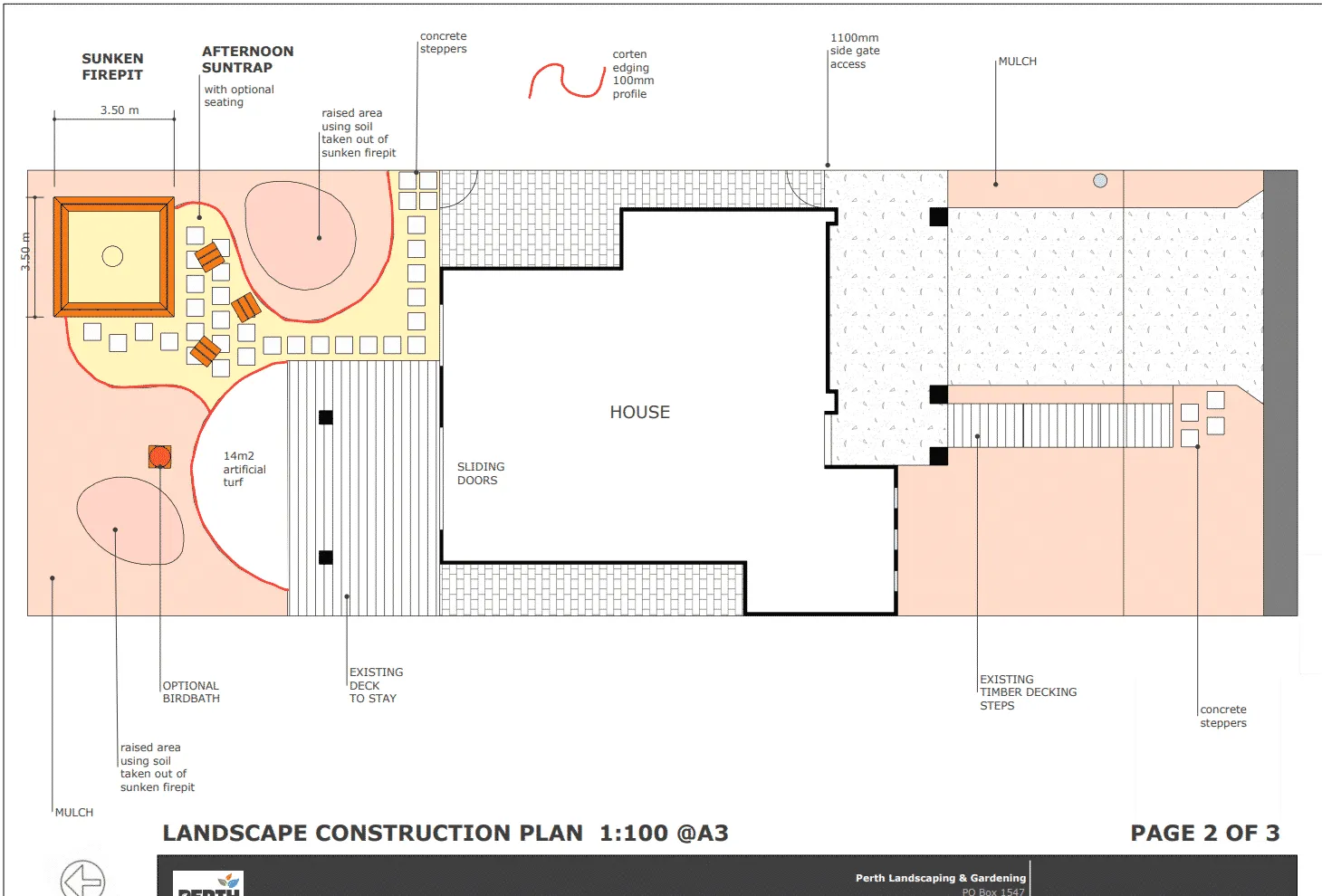 Landscape construction plan drawing for the Beeliar Perth backyard project showing the new layout.
