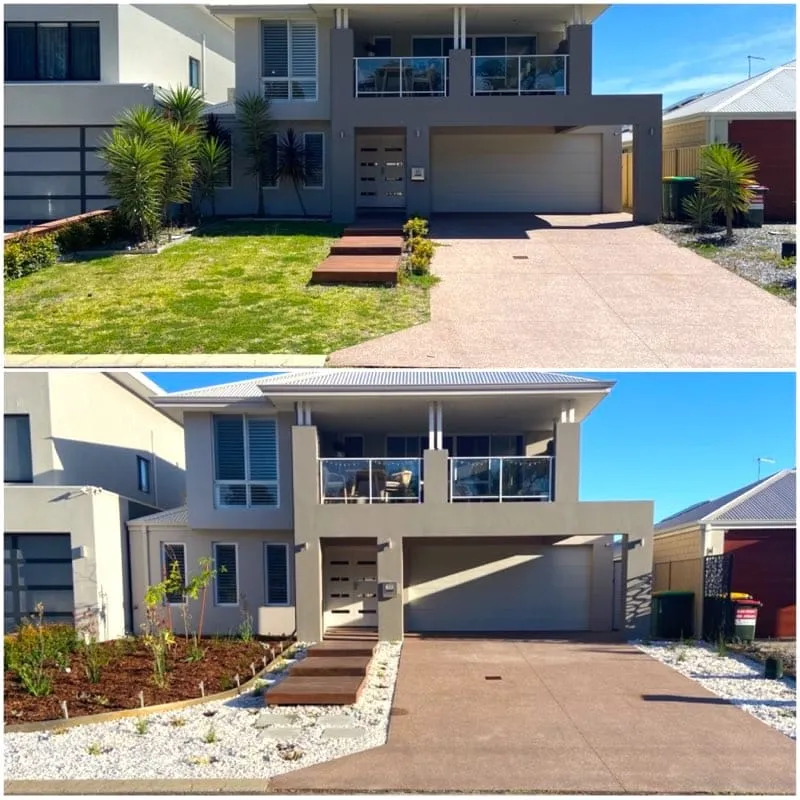 Finished Beeliar Perth landscape makeover with seating boxes, planting and mounded garden beds.