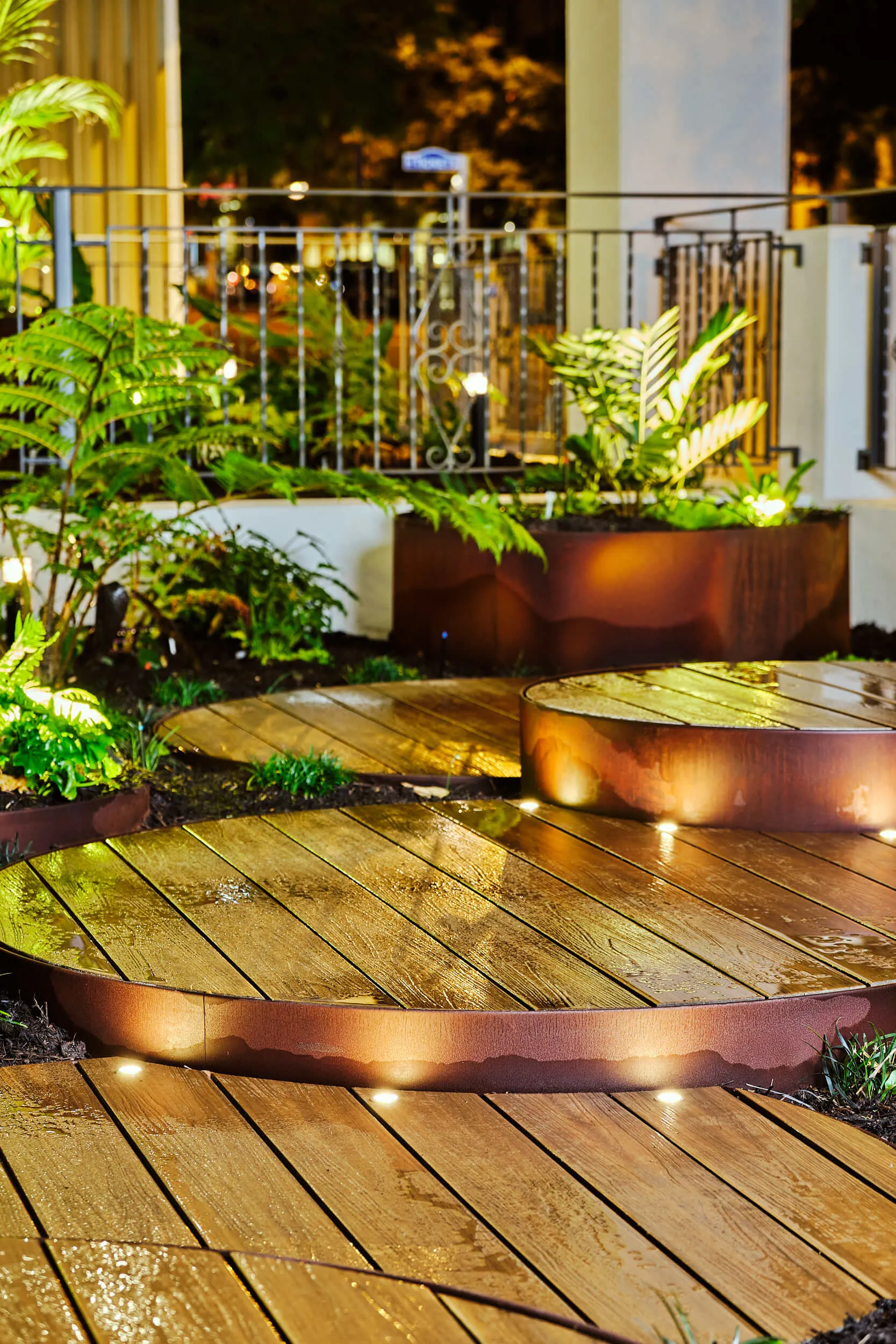 Close-up of finished tropical planting and corten steel detail at the Hay Street Perth garden.