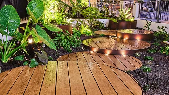 Hay Street Perth landscape design — paved patio with surrounding garden beds