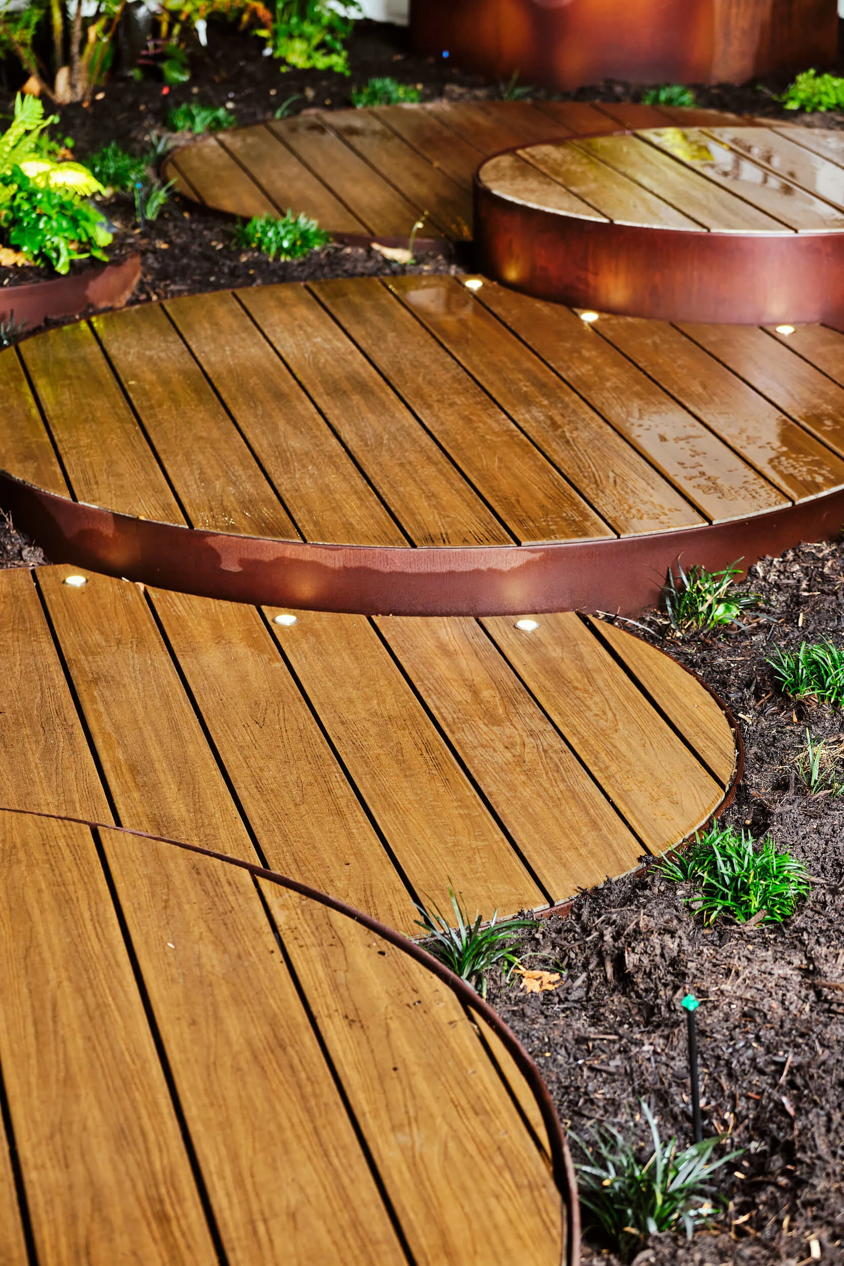 Close-up of timber platform decking on Hay Street Perth landscape project