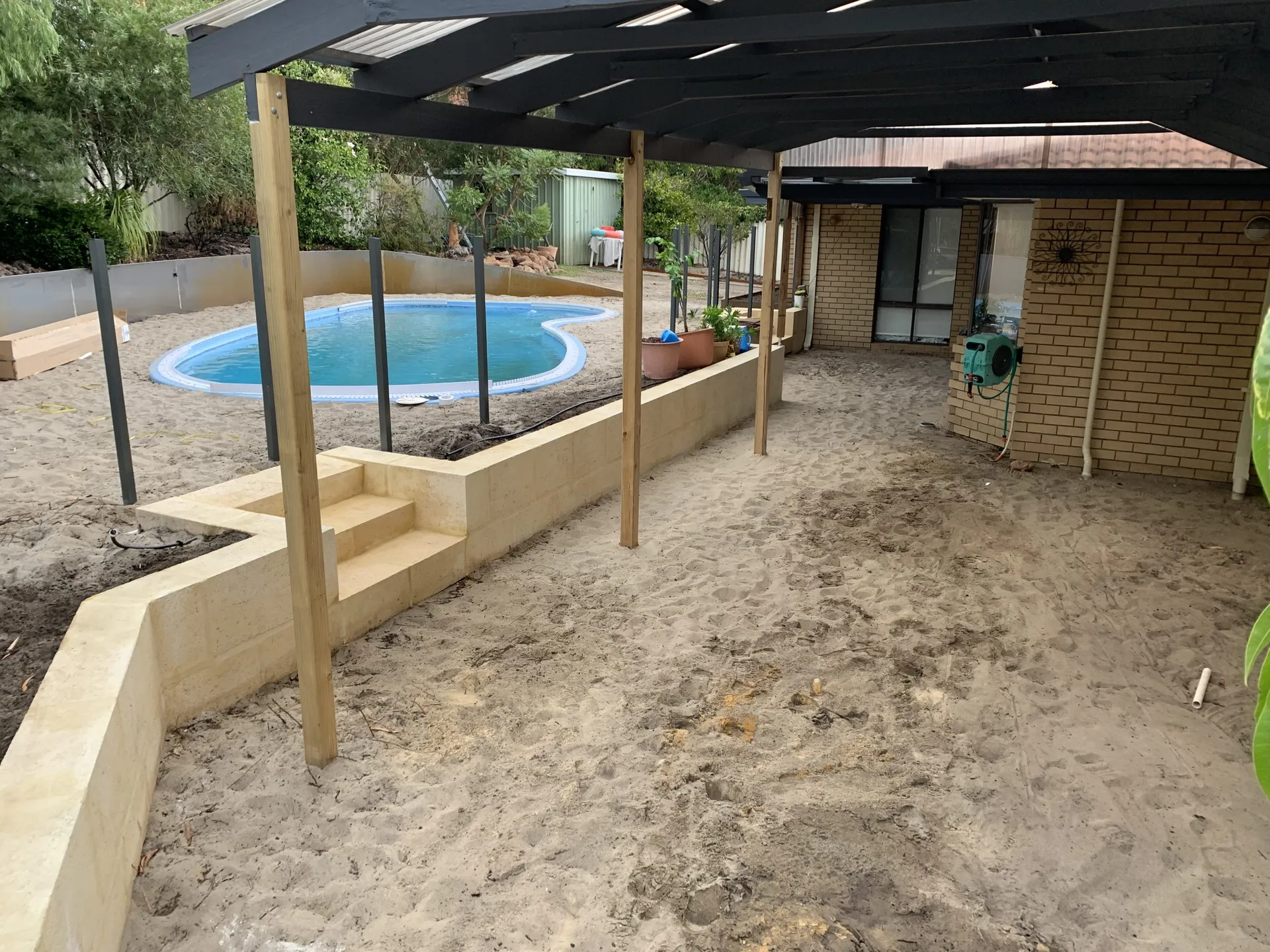 Pool area mid-renovation in Leeming Perth with old brickwork removed and new structure prepped.
