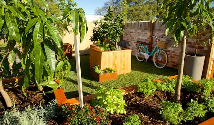 Bicycle prop styled into the Freo-themed Perth Garden Show garden with timber planter boxes.