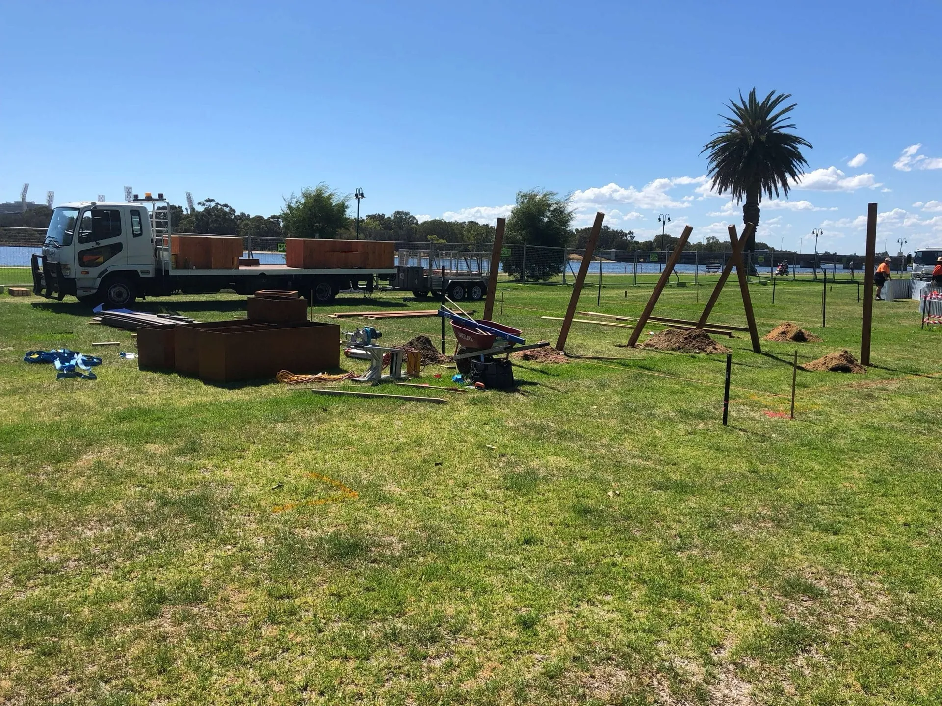 Blank grass site on the banks of the Swan before construction of the Perth Garden Show display.