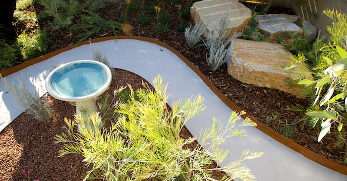 Image of an example of a backyard landscaping idea with bird bath and green fern and path.